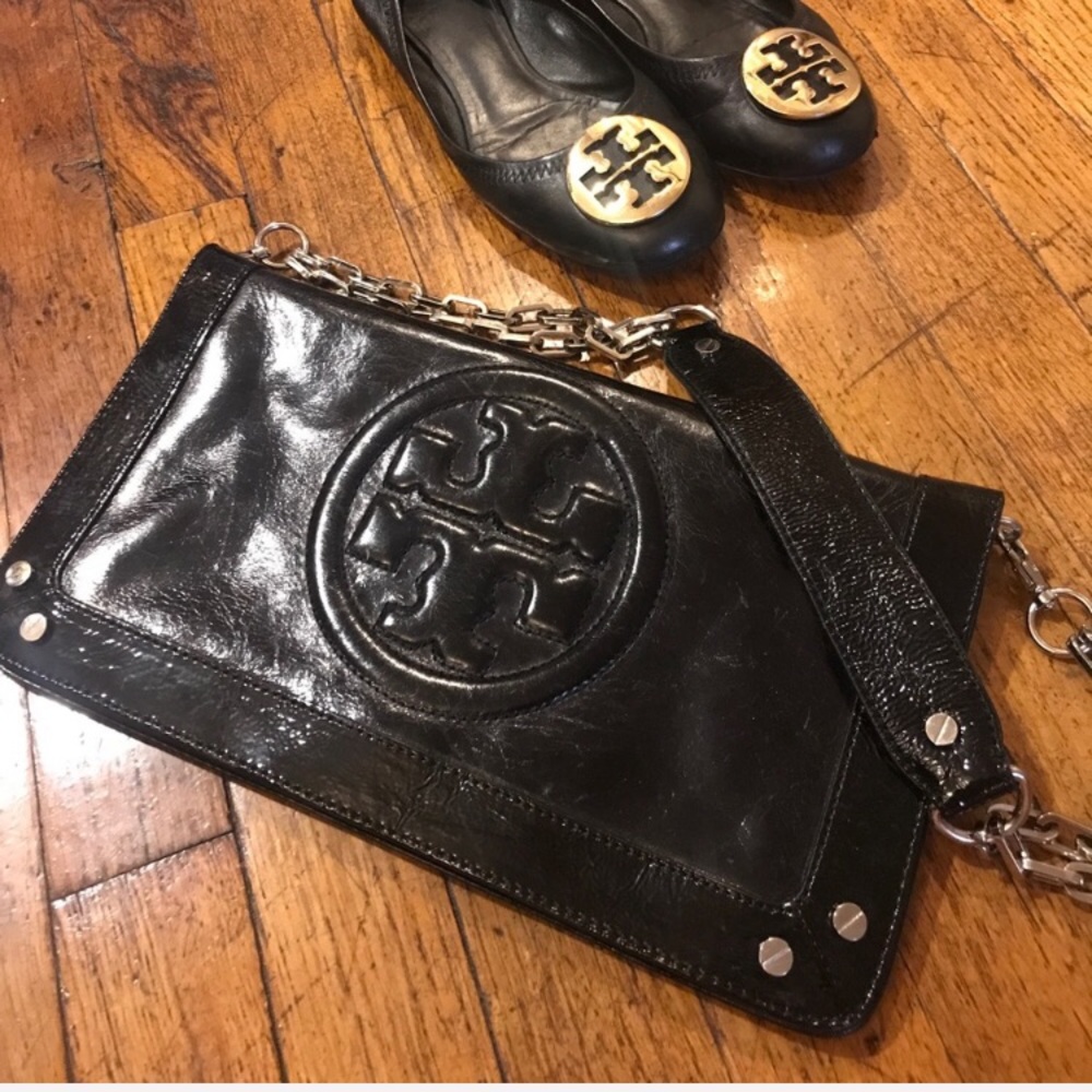 RARE Tory Burch Bombe Reva Clutch-Black Patent!